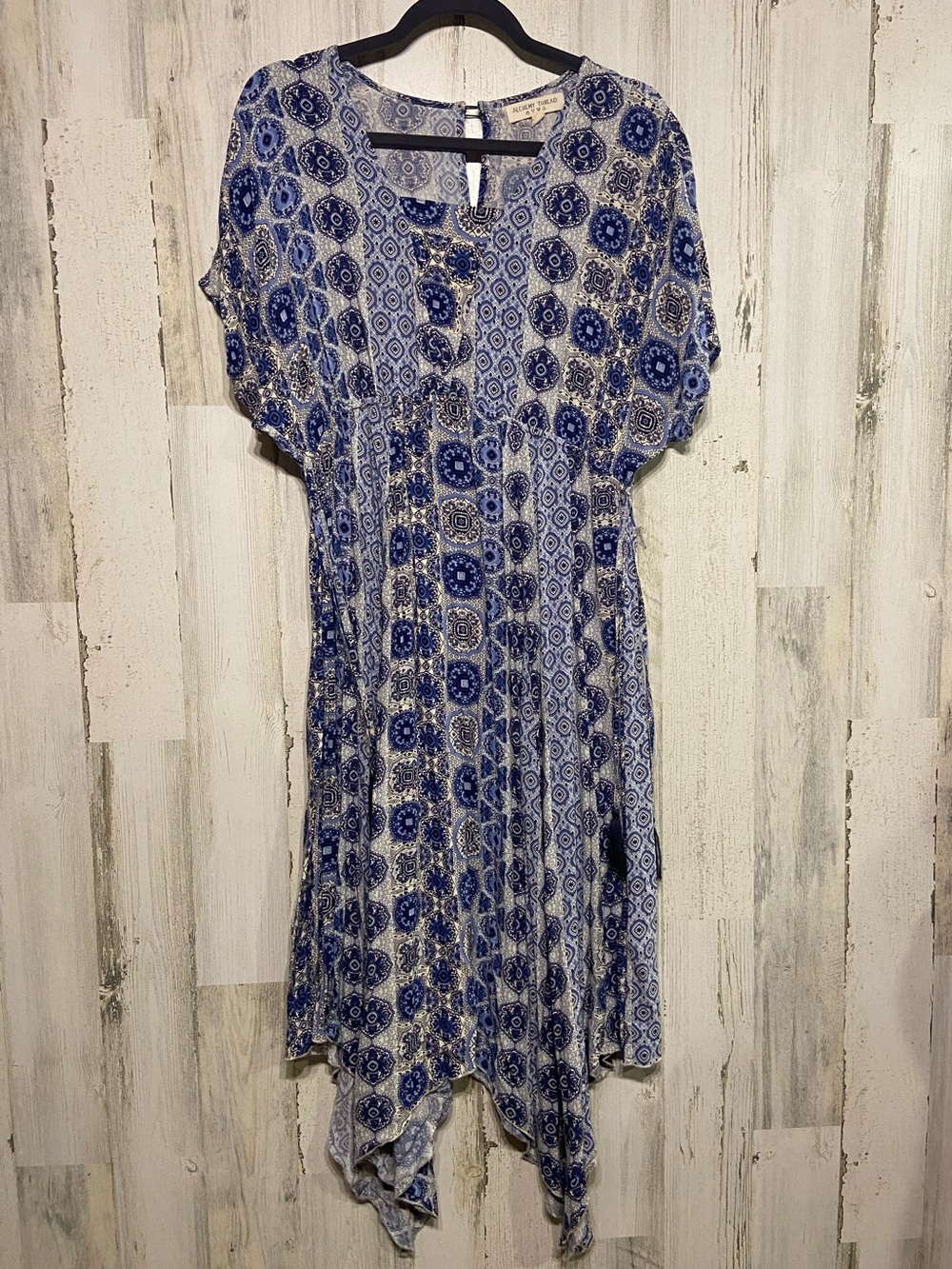 Alchemy Thread Blue Cream Tassel Boho High Low Midi Dress Large